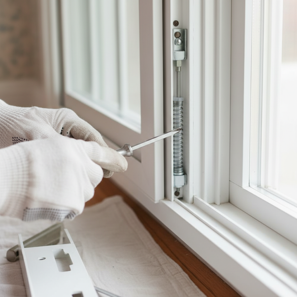 Homeowner re-tensioning a spiral window balance with a screwdriver to fix a sash that won't stay up.