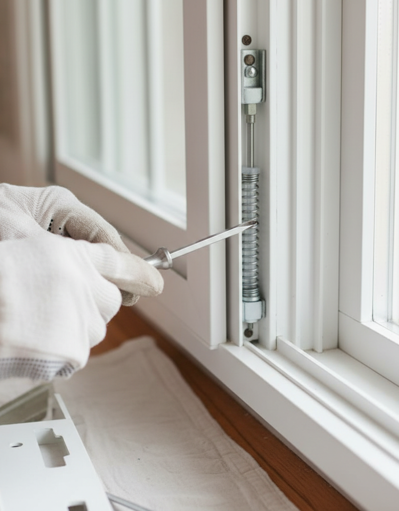 Homeowner re-tensioning a spiral window balance with a screwdriver to fix a sash that won't stay up.