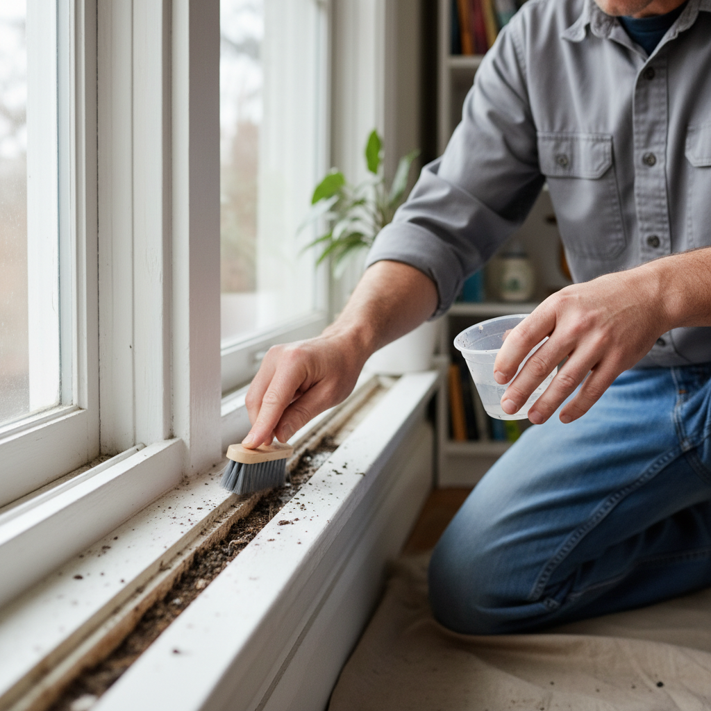 Man cleaning dirty window tracks with a brush and cleaner to fix a sticky window