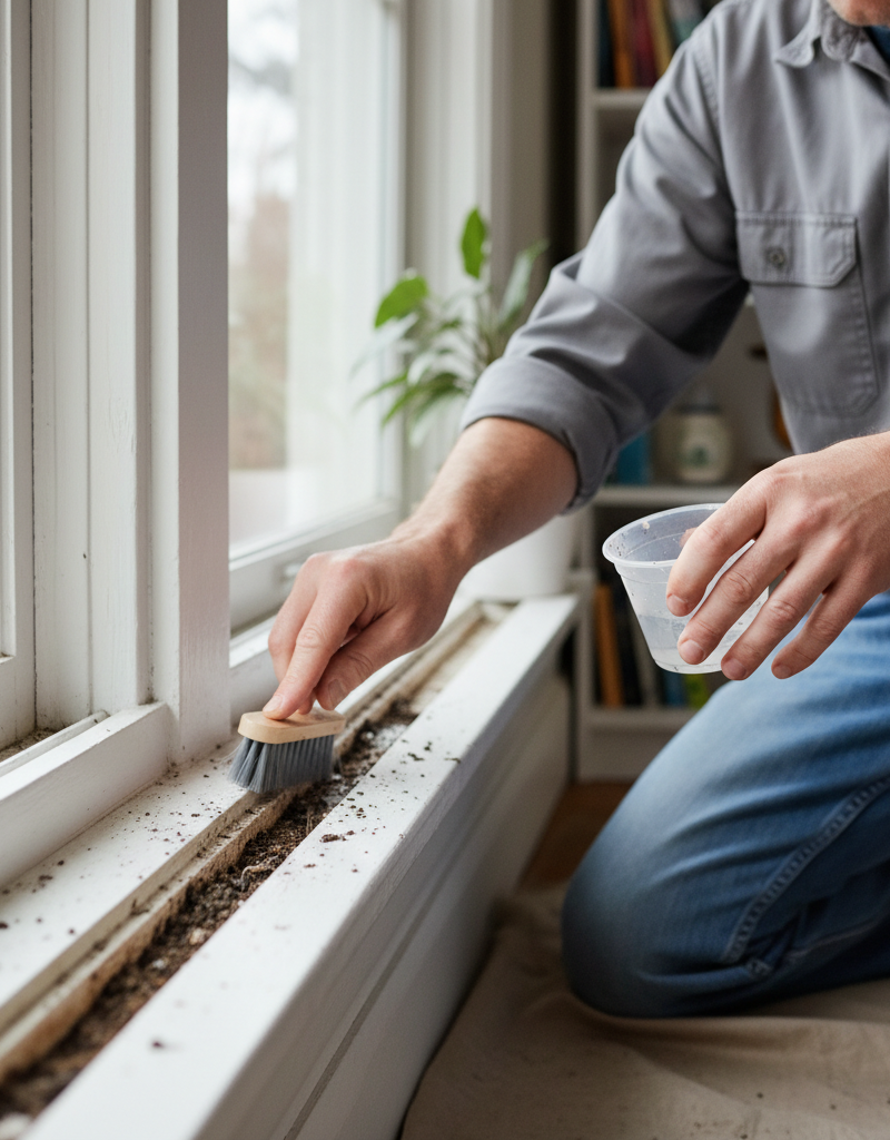 Man cleaning dirty window tracks with a brush and cleaner to fix a sticky window