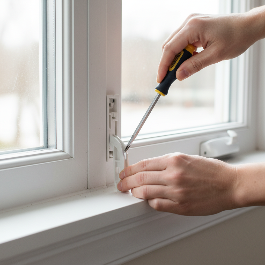 Homeowner re-engaging a window balance shoe with a flathead screwdriver to fix a window that won't stay up.
