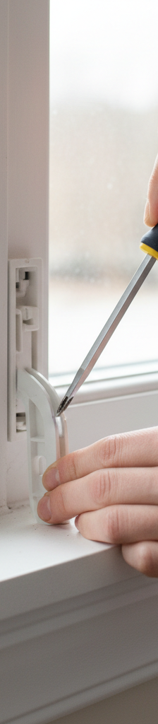 Homeowner re-engaging a window balance shoe with a flathead screwdriver to fix a window that won't stay up.