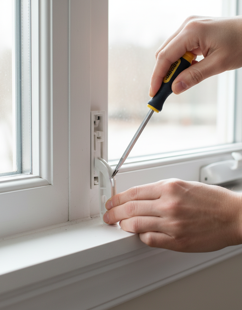 Homeowner re-engaging a window balance shoe with a flathead screwdriver to fix a window that won't stay up.