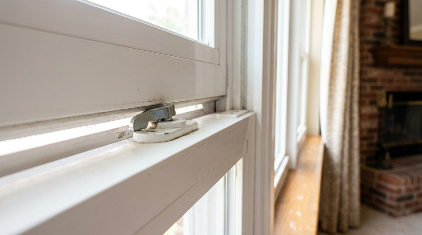 A misaligned white vinyl window lock that will not engage and lock properly.
