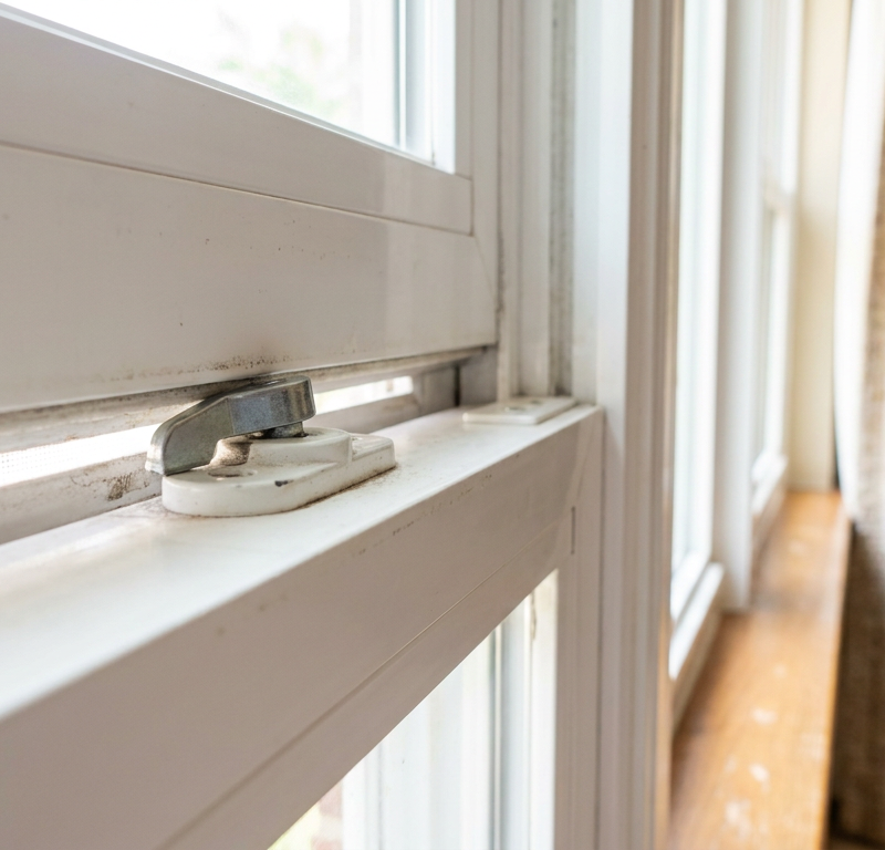 A misaligned white vinyl window lock that will not engage and lock properly.