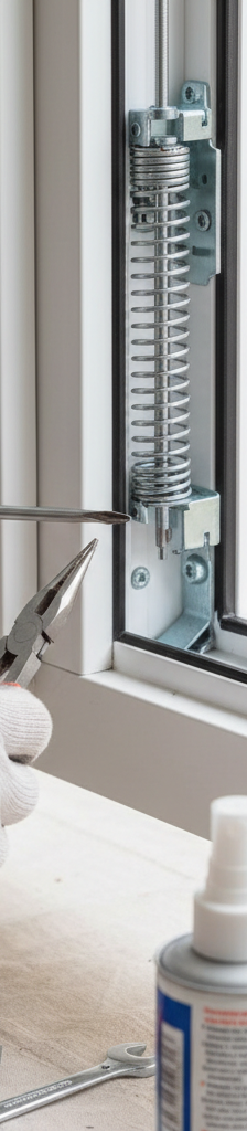 Hands fixing a window sash balance mechanism in a white double-hung window frame