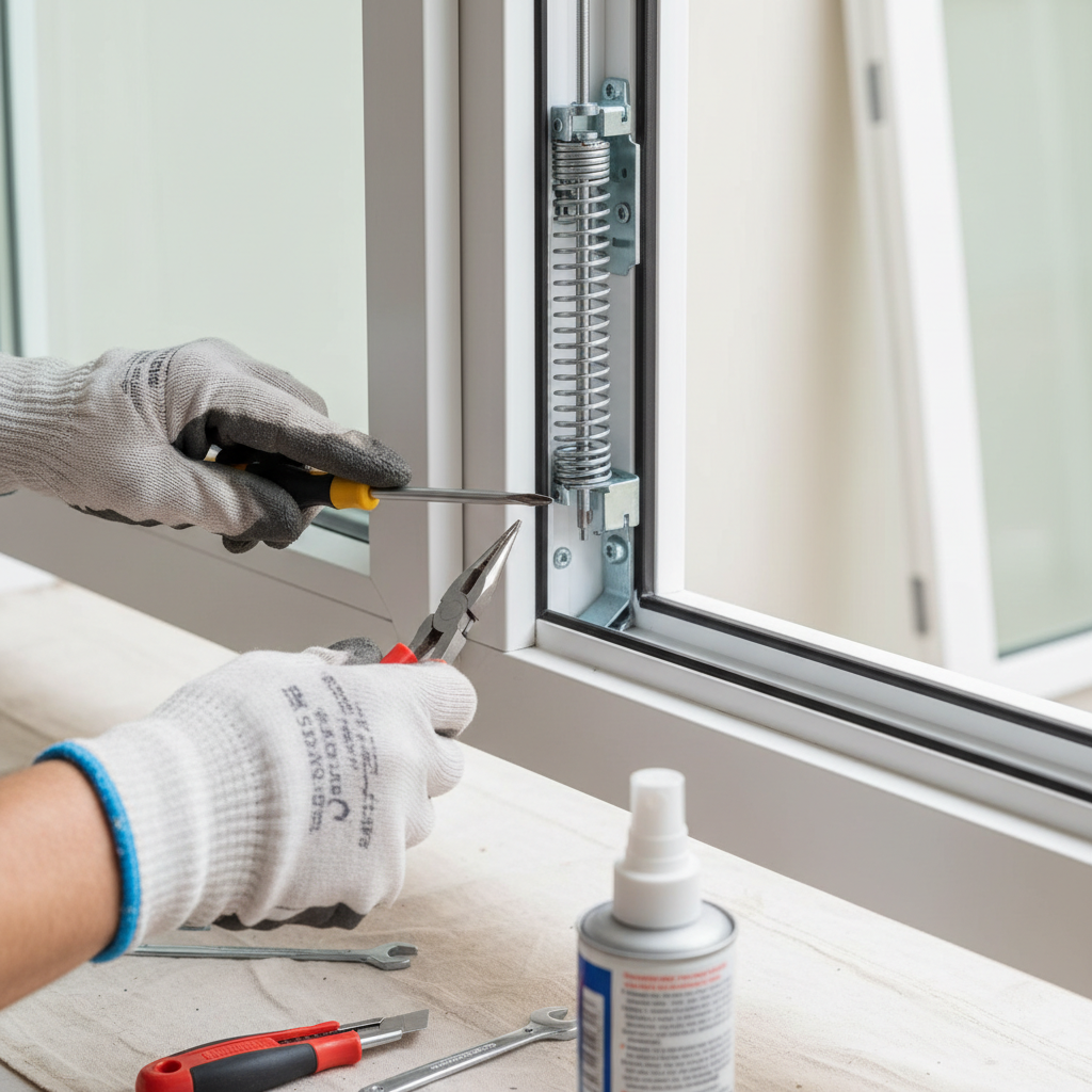 Hands fixing a window sash balance mechanism in a white double-hung window frame