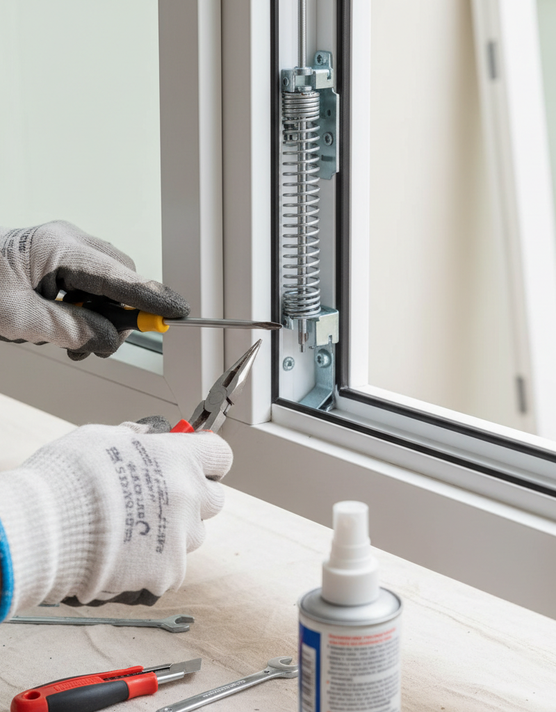 Hands fixing a window sash balance mechanism in a white double-hung window frame
