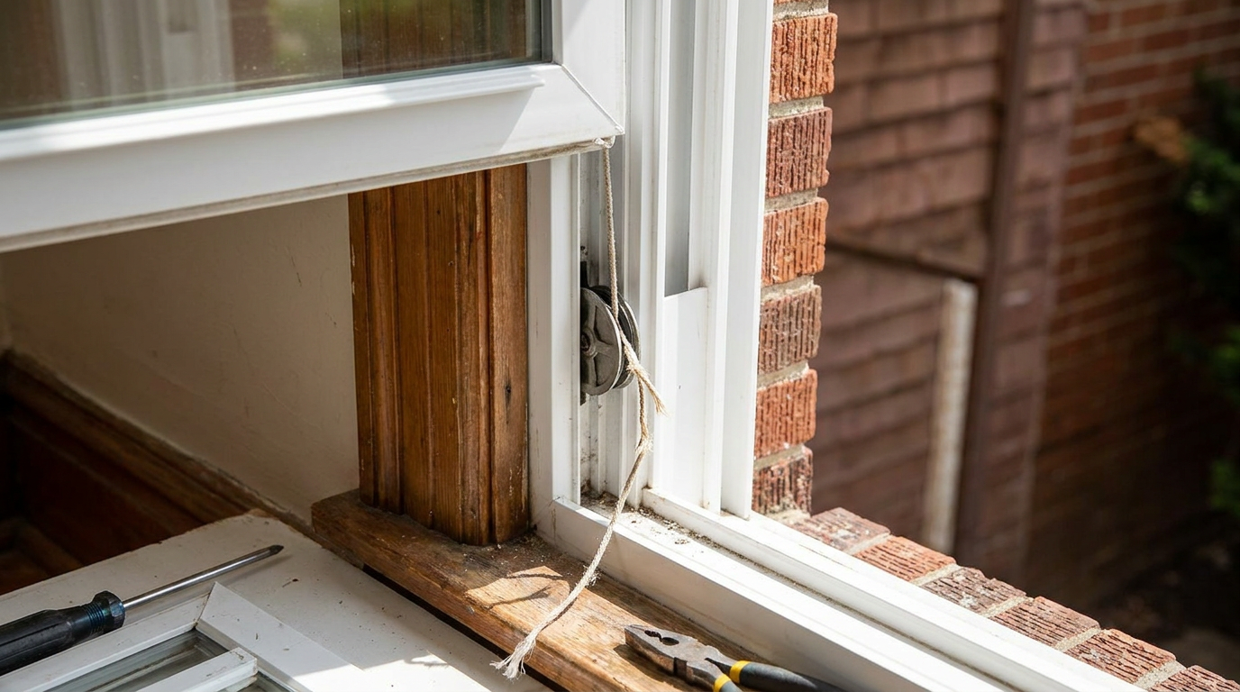 A close-up of a broken window balance mechanism inside a white vinyl window frame.