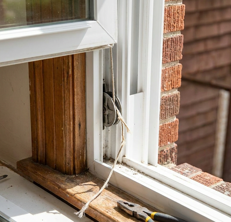 A close-up of a broken window balance mechanism inside a white vinyl window frame.