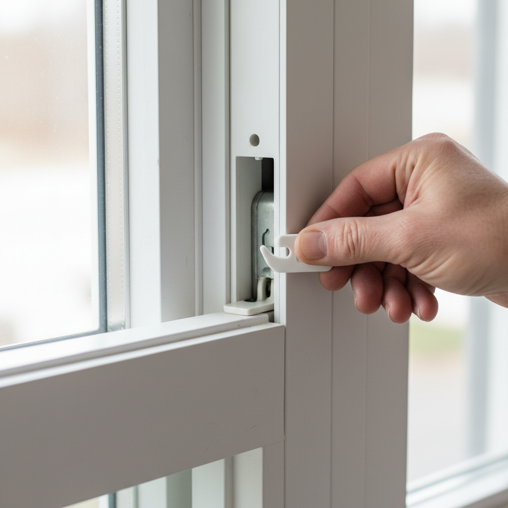 Hand re-engaging a white plastic sash balance shoe into a residential double-hung window frame.