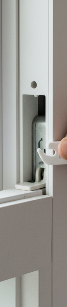 Hand re-engaging a white plastic sash balance shoe into a residential double-hung window frame.