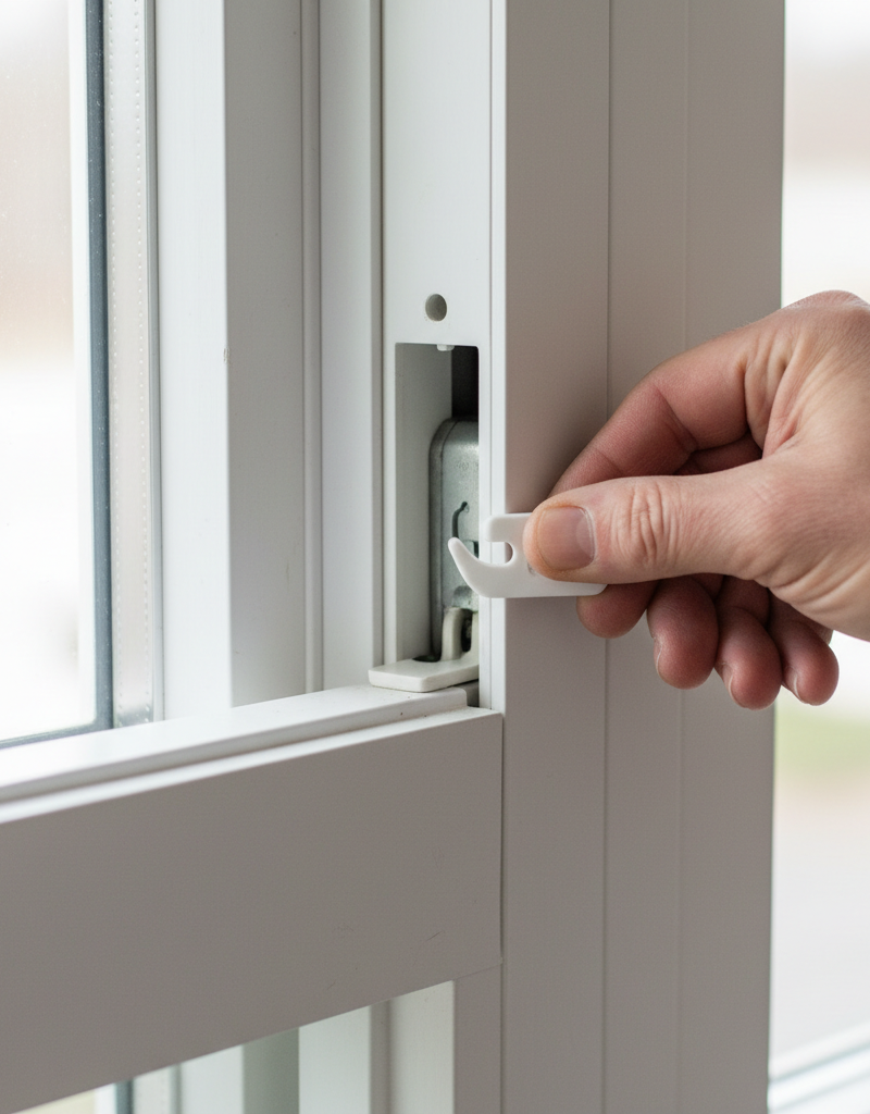 Hand re-engaging a white plastic sash balance shoe into a residential double-hung window frame.