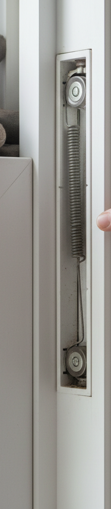 Homeowner inspecting and fixing a modern vinyl window sash that won't stay up in its track.