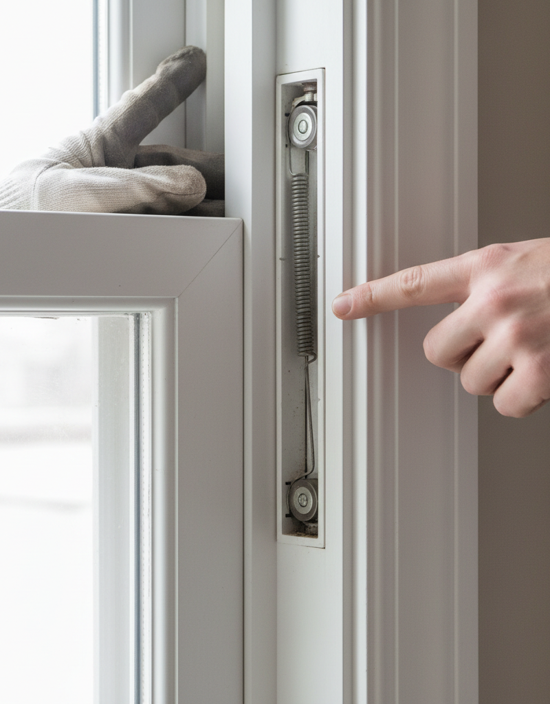 Homeowner inspecting and fixing a modern vinyl window sash that won't stay up in its track.
