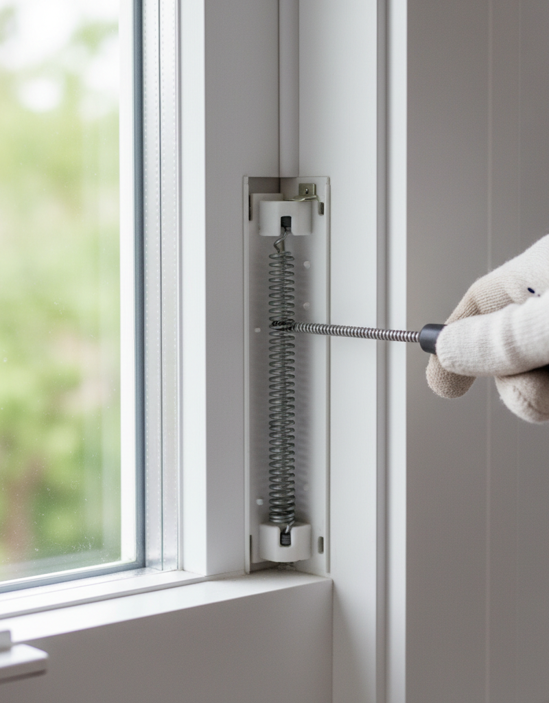 Homeowner's hand re-tensioning a spiral window balance to fix a window that won't stay up.
