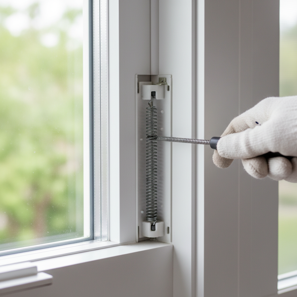 Homeowner's hand re-tensioning a spiral window balance to fix a window that won't stay up.
