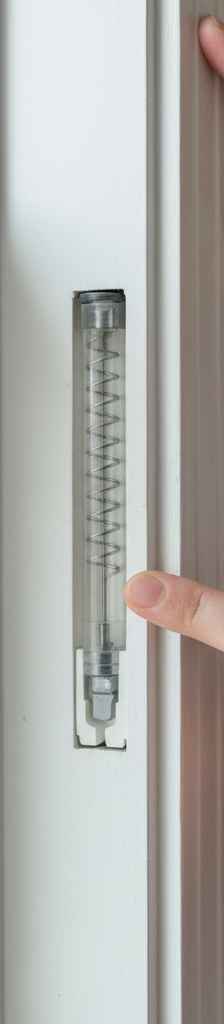 Homeowner inspecting a spiral window balance in the side of a double-hung window frame.