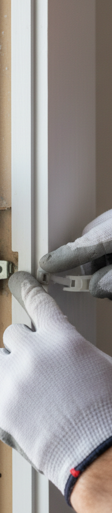 Man in safety glasses inspecting a window balance mechanism on a double-hung window.