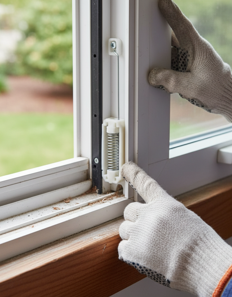 Homeowner inspecting a coil balance in a double-hung window's side channel.