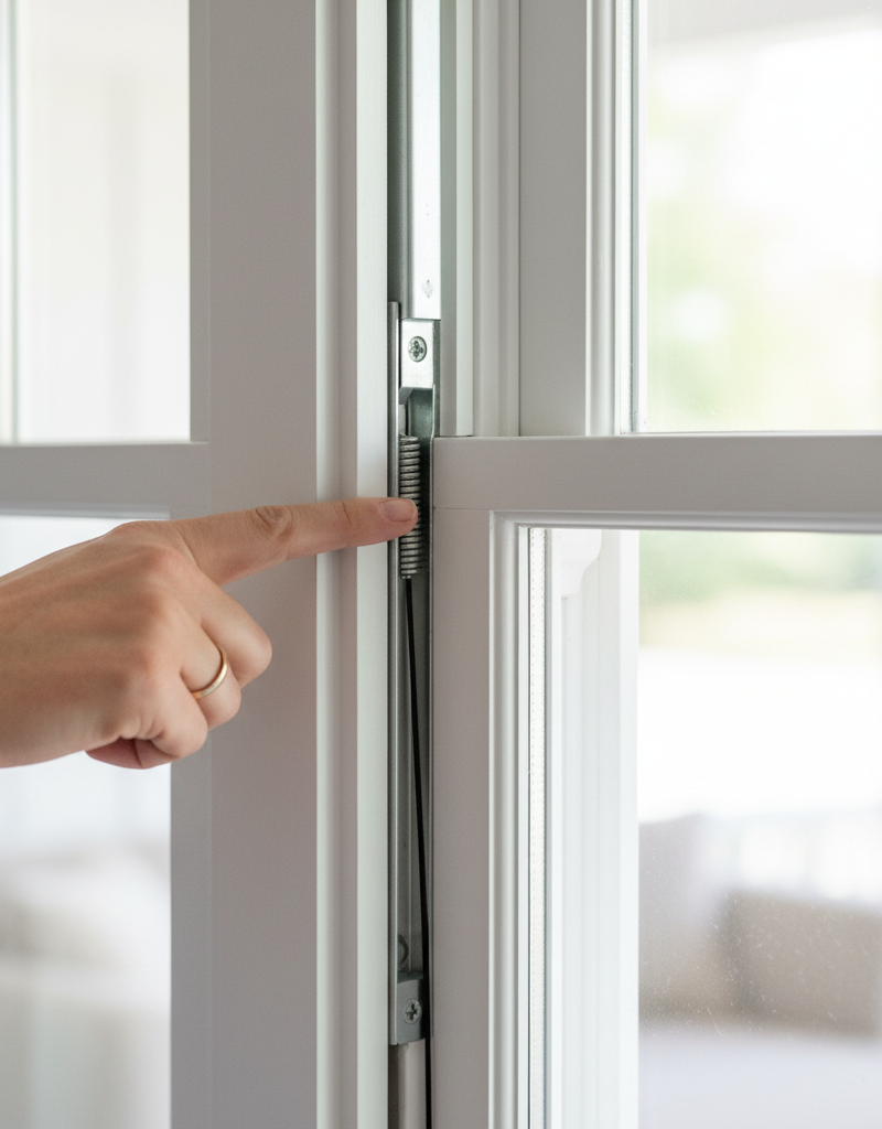 Homeowner inspecting the balance system of a double-hung window that won't stay up.