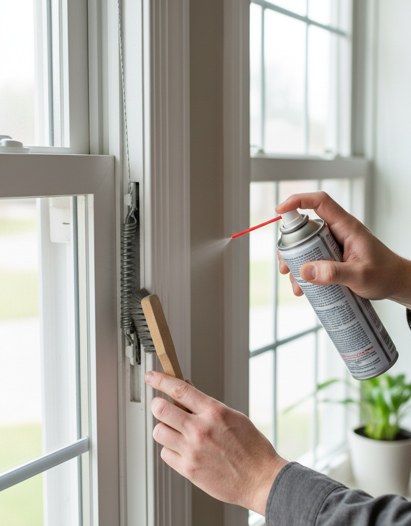Homeowner cleaning and lubricating a window sash channel to fix a window that won't stay up