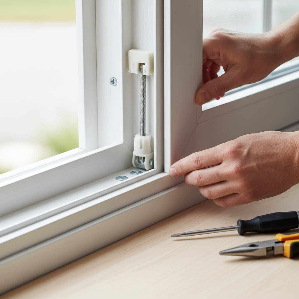 Homeowner inspecting a window spiral balance to fix a sash that won't stay open.