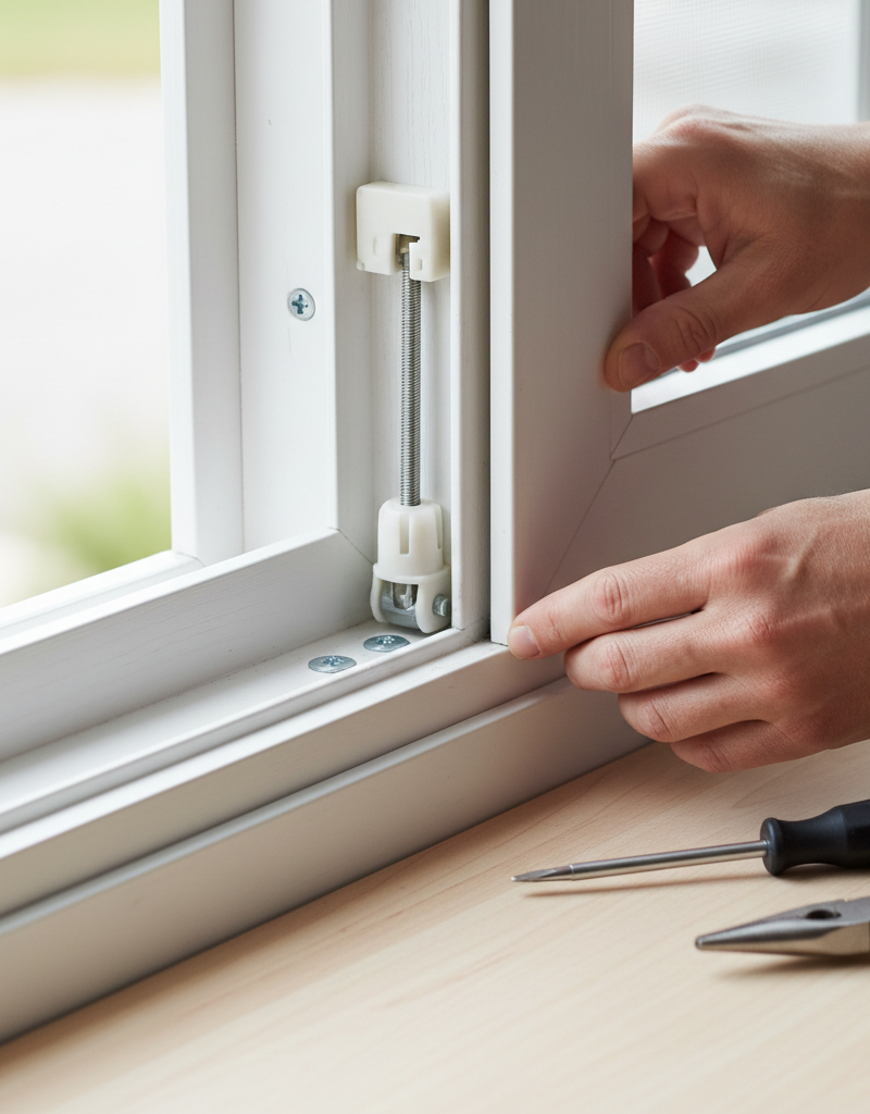 Homeowner inspecting a window spiral balance to fix a sash that won't stay open.