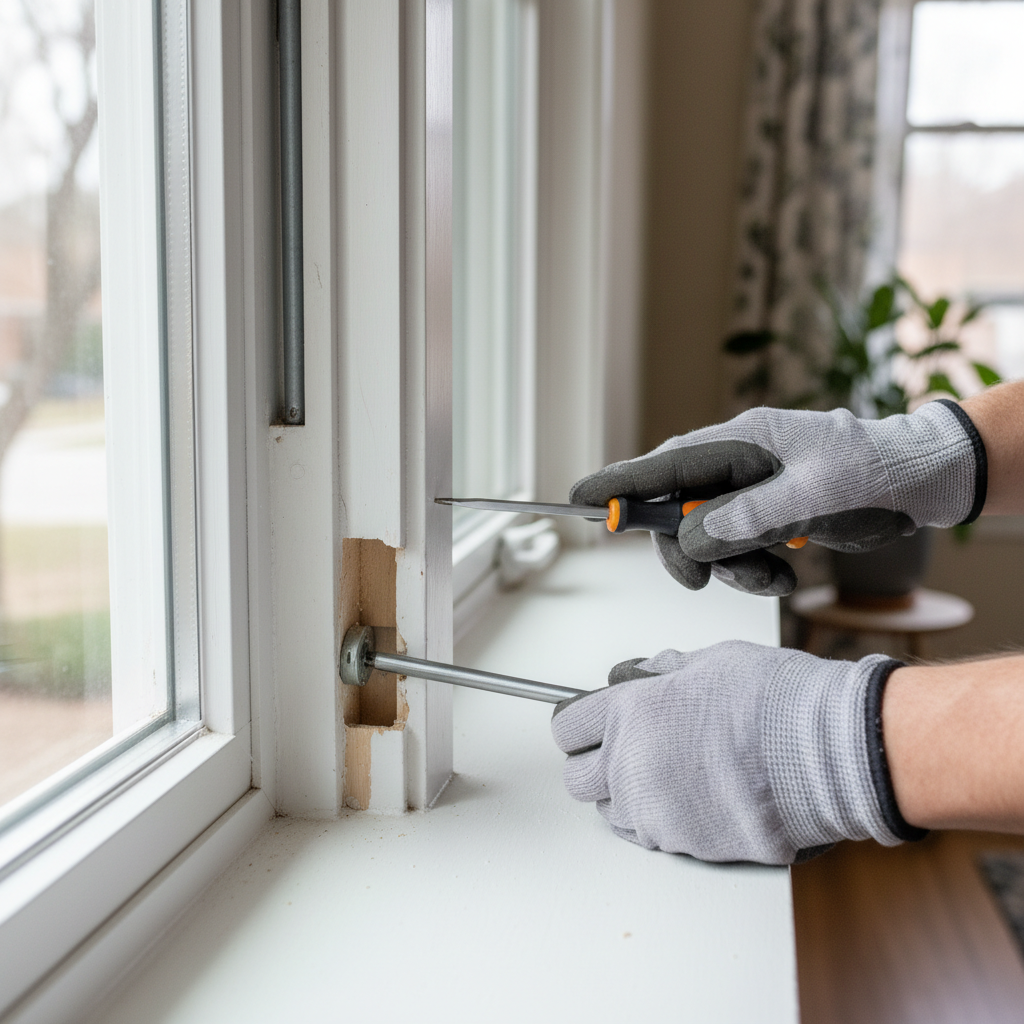 Homeowner repairing a double-hung window that won't stay up by adjusting the spiral sash balance.