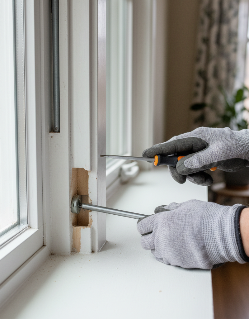 Homeowner repairing a double-hung window that won't stay up by adjusting the spiral sash balance.