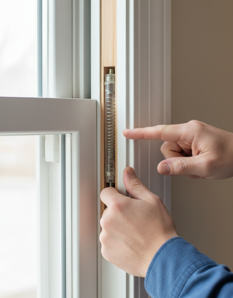 Homeowner inspecting a window's spiral balance mechanism to fix a sash that won't stay up.