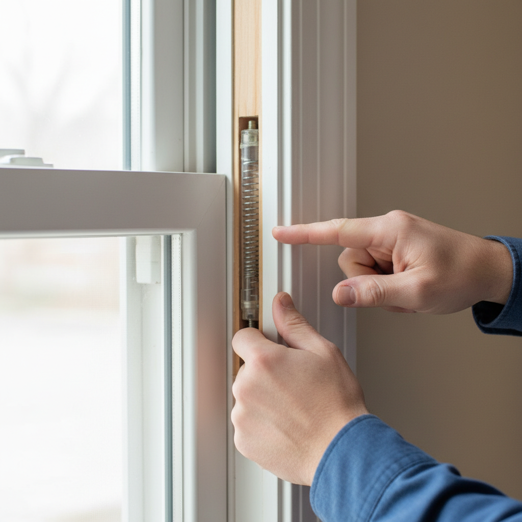 Homeowner inspecting a window's spiral balance mechanism to fix a sash that won't stay up.