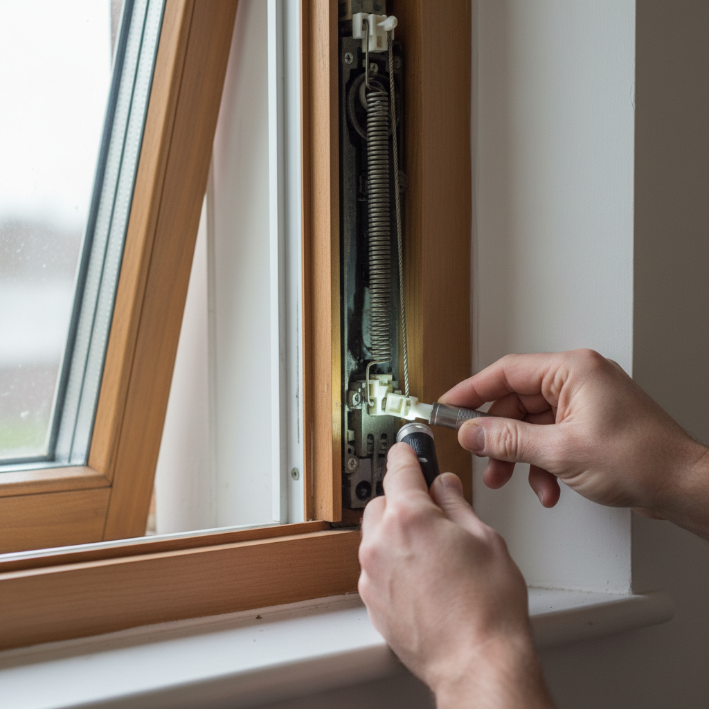 Homeowner inspecting a window balance mechanism to diagnose why the window won't stay up.
