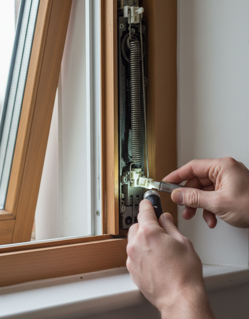 Homeowner inspecting a window balance mechanism to diagnose why the window won't stay up.