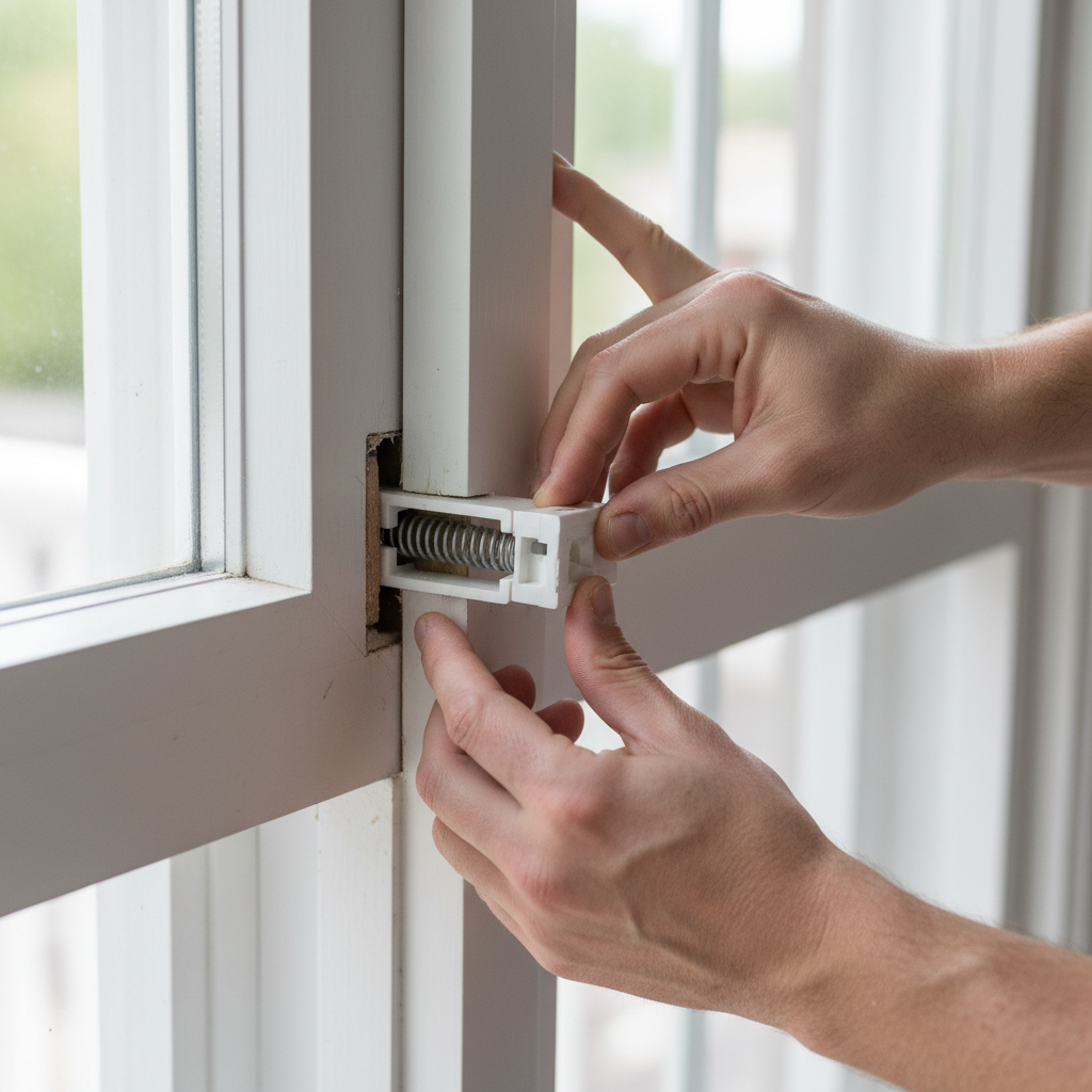 Homeowner's hands re-engaging a white spiral balance shoe into a window sash.