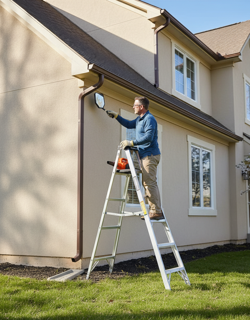 Homeowner on a ladder inspecting gutters, spring home maintenance checklist