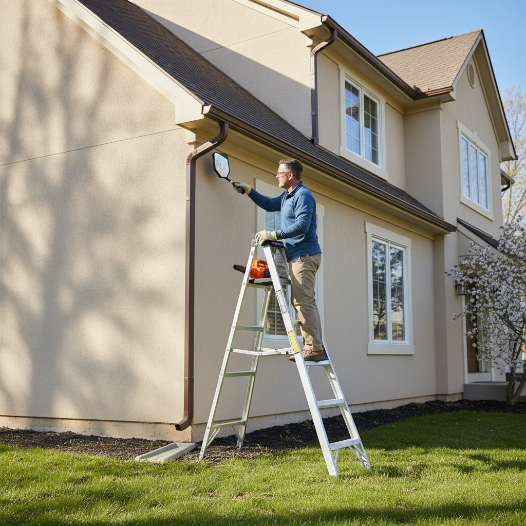 Homeowner on a ladder inspecting gutters, spring home maintenance checklist