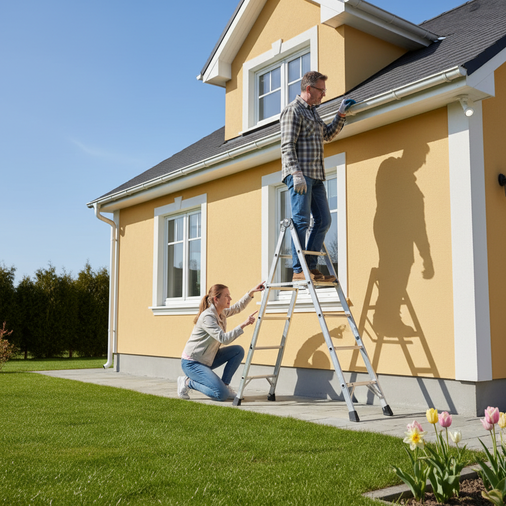 Homeowner inspecting gutters on a sunny spring day, with the house exterior and green lawn visible.