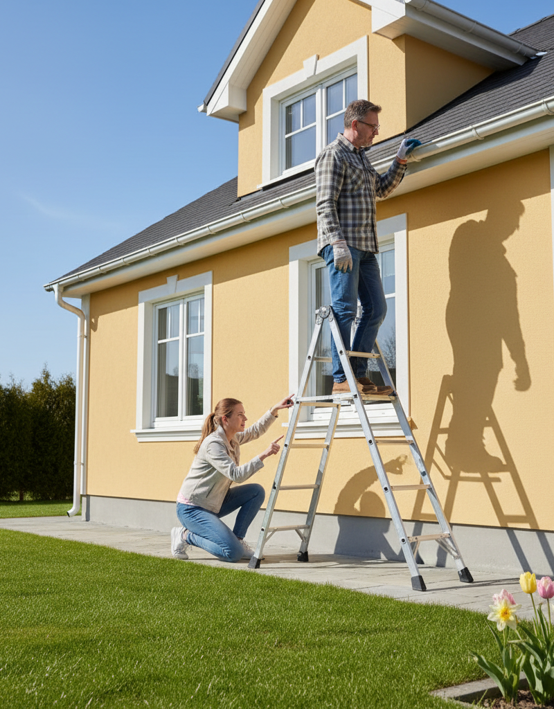Homeowner inspecting gutters on a sunny spring day, with the house exterior and green lawn visible.