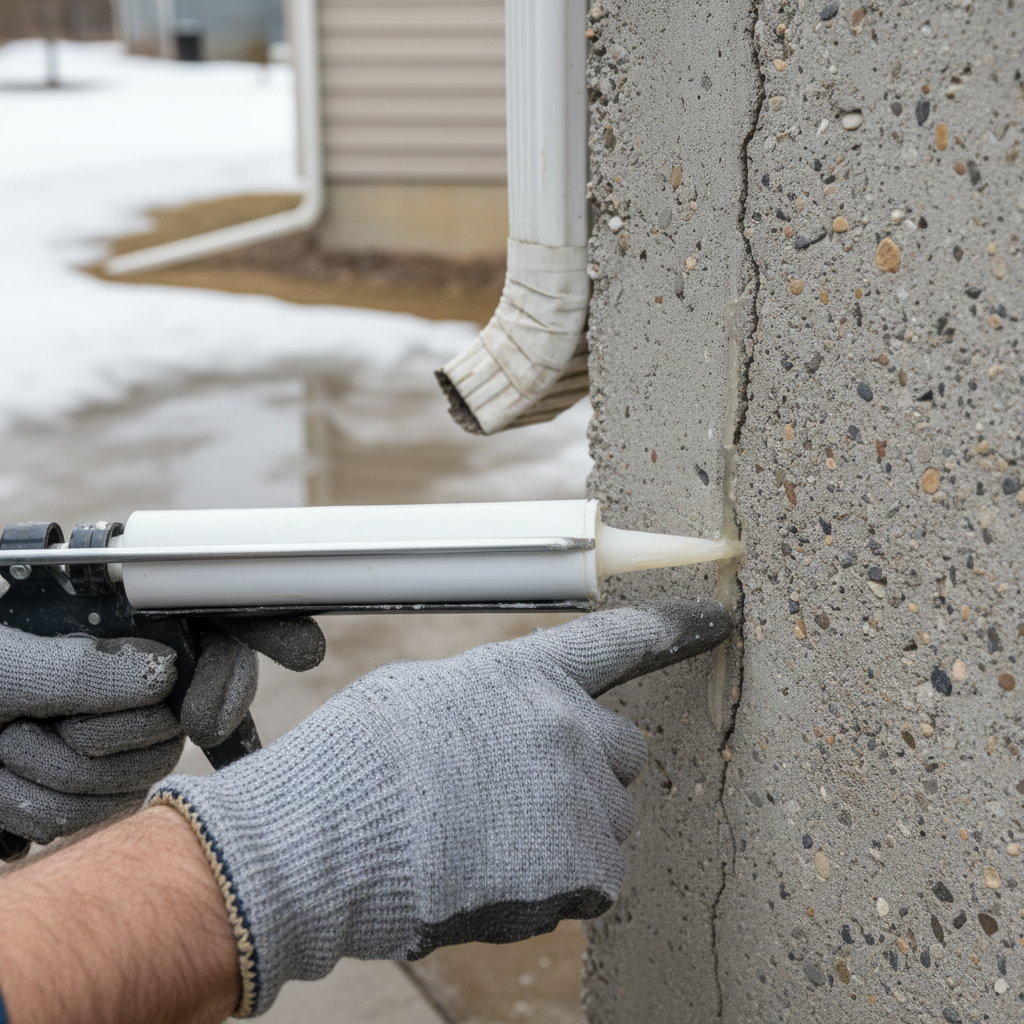 Homeowner inspecting a winter-damaged foundation crack with caulk in hand during spring.