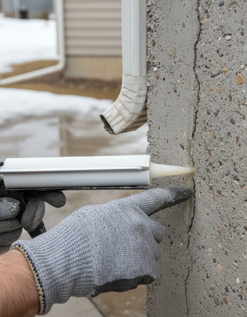 Homeowner inspecting a winter-damaged foundation crack with caulk in hand during spring.