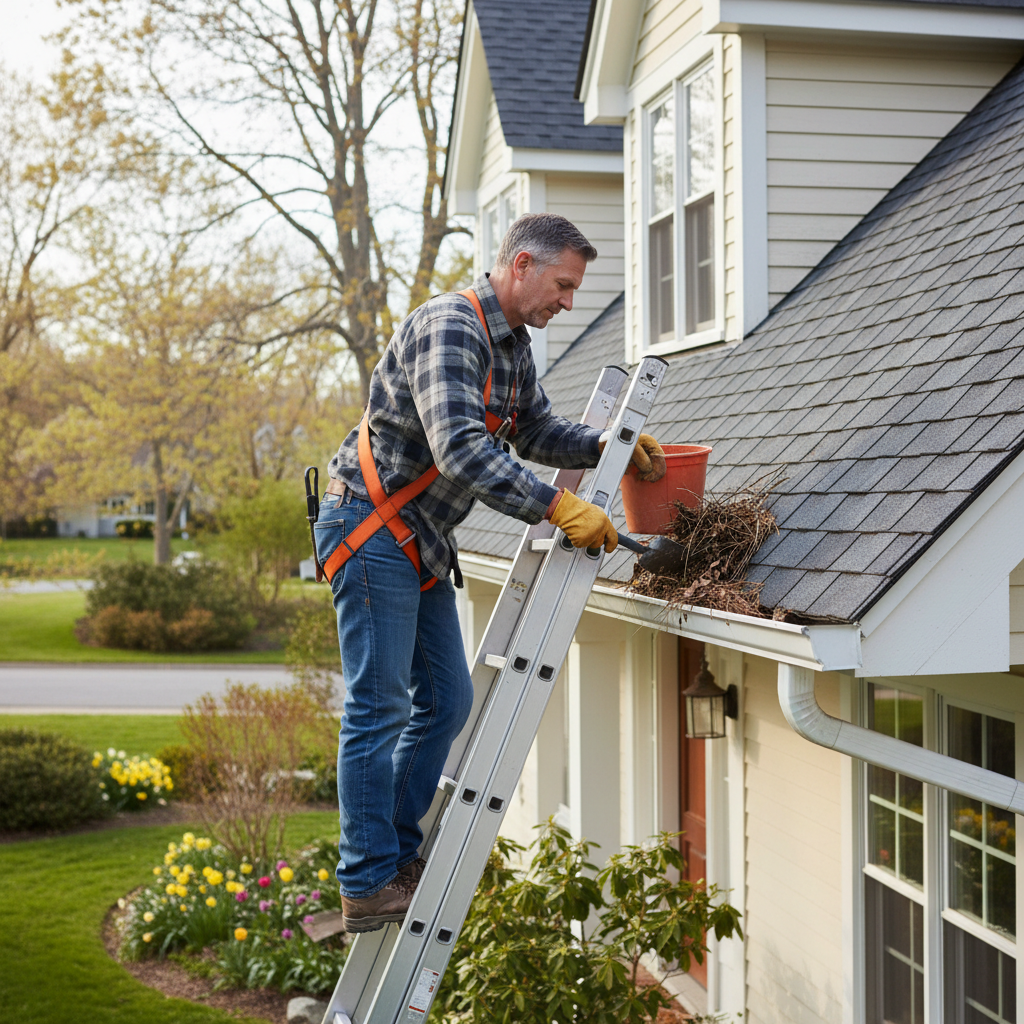 Homeowner on a ladder inspecting roof shingles and cleaning gutters after winter