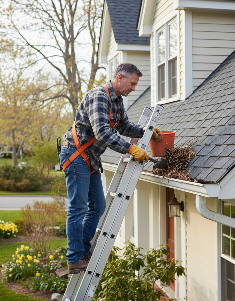 Homeowner on a ladder inspecting roof shingles and cleaning gutters after winter