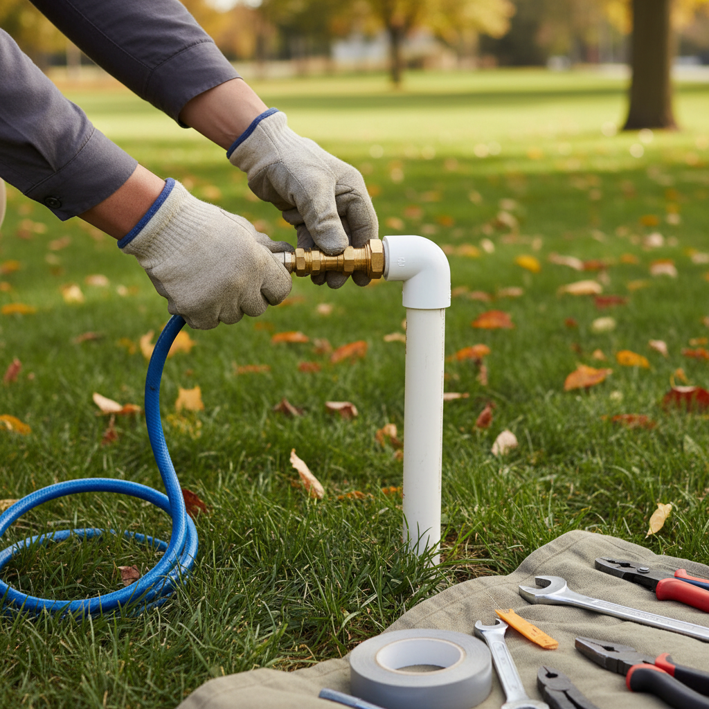 Homeowner connecting an air compressor to winterize a sprinkler system line.
