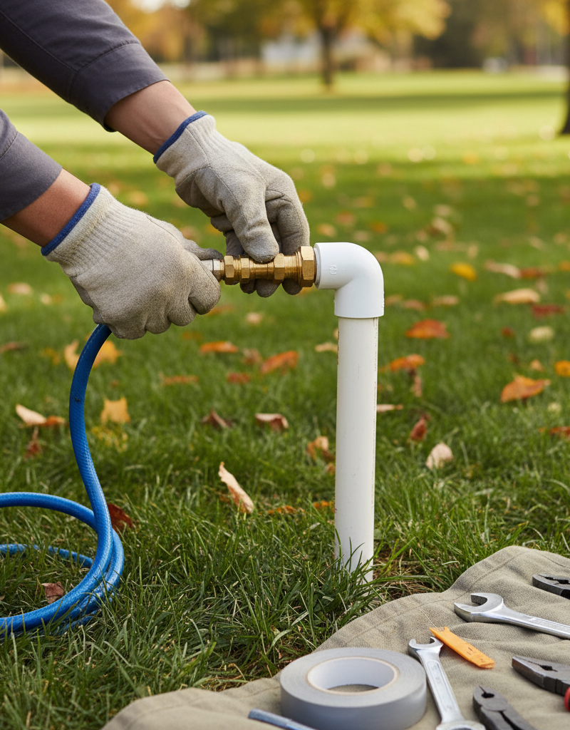 Homeowner connecting an air compressor to winterize a sprinkler system line.