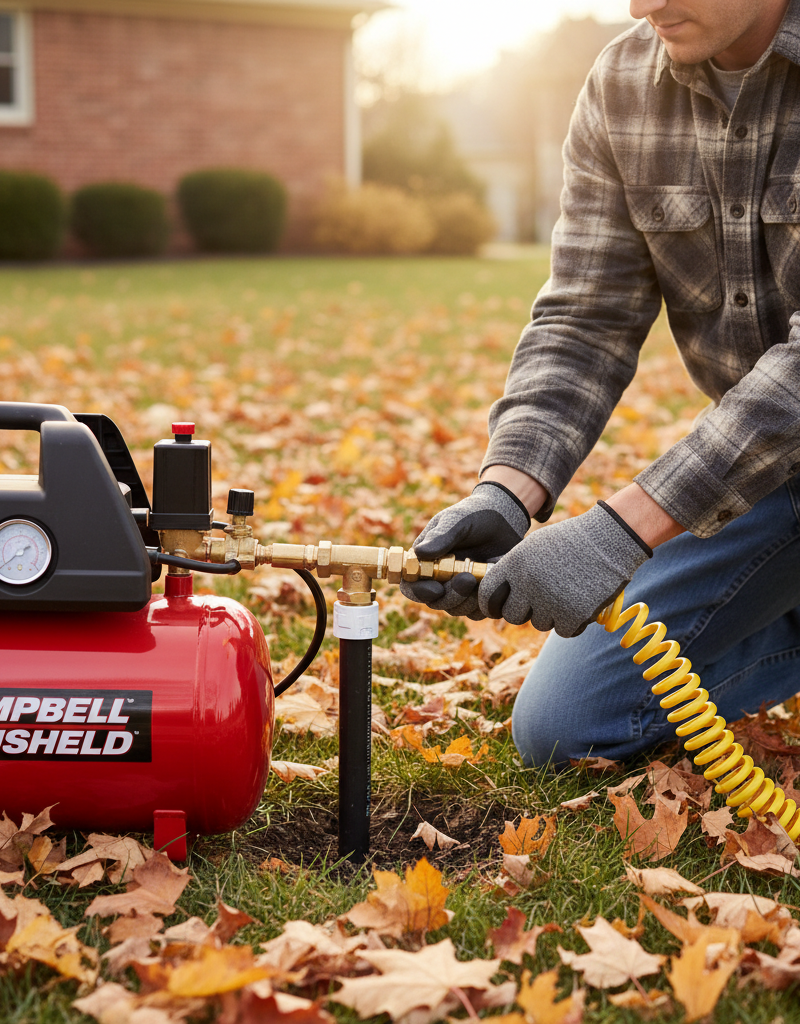 Homeowner connecting air compressor to sprinkler system for winterization