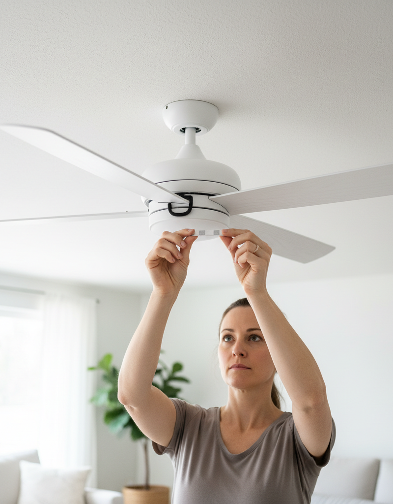 Homeowner using a balancing kit to fix a wobbling ceiling fan blade