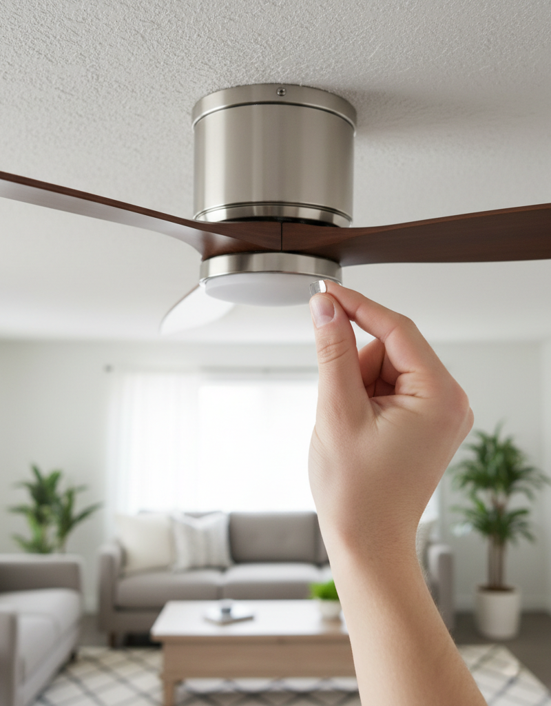 Hand applying a balancing weight to a ceiling fan blade to stop wobbling