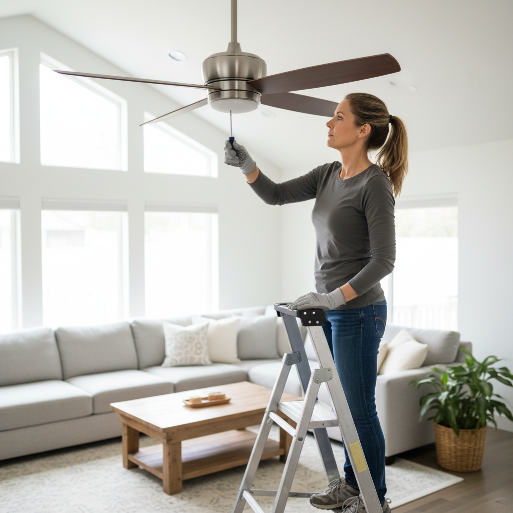 Homeowner on a stepladder tightening a screw on a ceiling fan blade arm to fix a wobble.