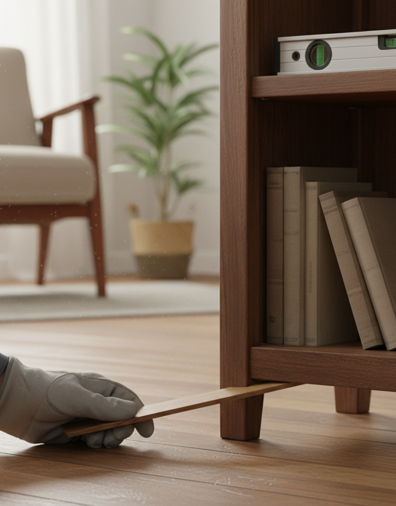 Contractor shimming a wobbly freestanding shelf to make it level and stable